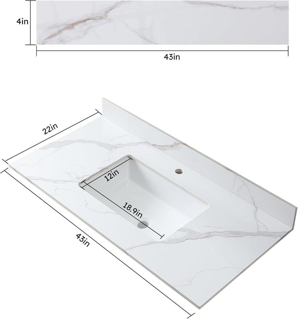 Wohh Marble Vanity Top, Bathroom Sink Countertop with Single Hole, Vanity Tops with Undermount Rectangular Ceramic Sink & Backsplash (43'' with 1 Faucet Hole)