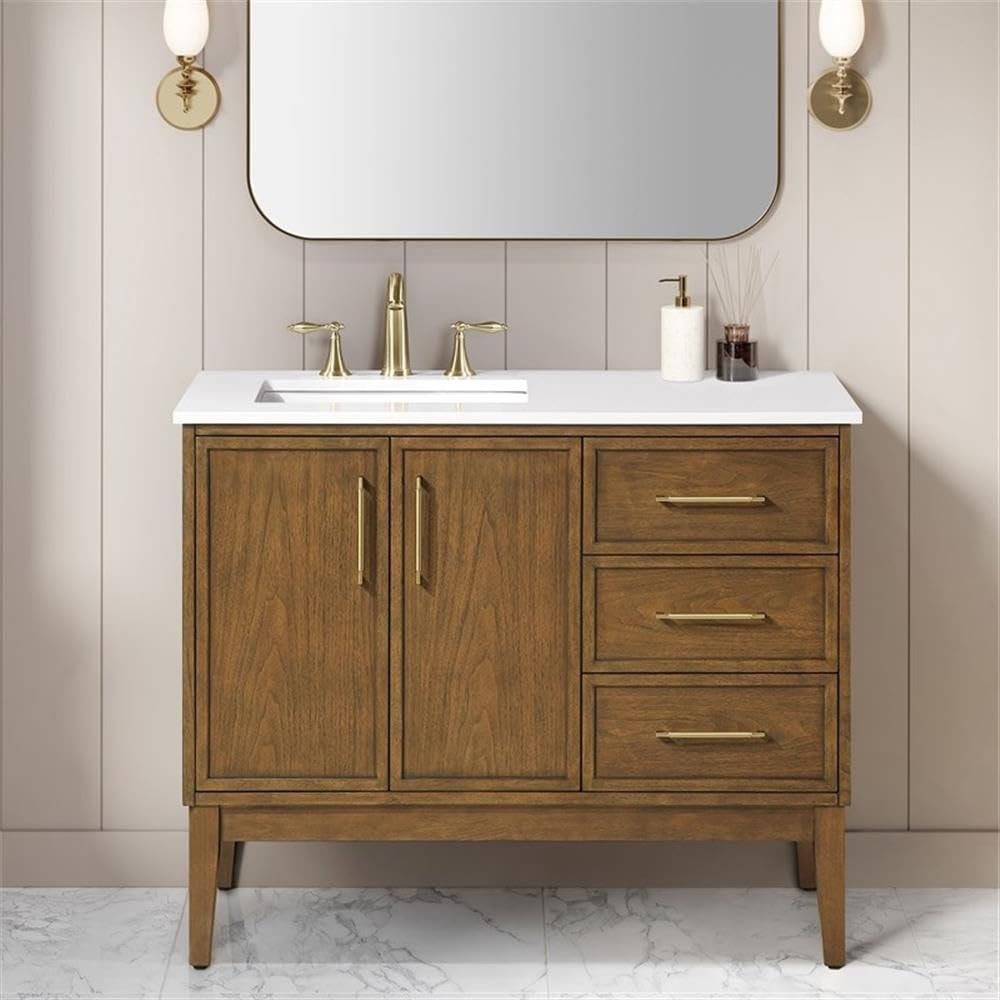 Pemberly Row 42' Bathroom Vanity, Warm Walnut Finish, Solid Wood Frame, White Engineered Stone Countertop, Offset Sink with Storage, Modern Style for Small Bathroom or Powder Room