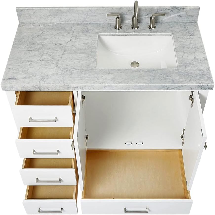 ARIEL Cambridge 42-inch Bathroom Vanity with Sink,Solid Wood, 1.5-inch Italian Carrara Marble Countertop, Single Rectangular Porcelain Sink, 2 Soft Closing Doors, 5 Dovetail Drawers, White