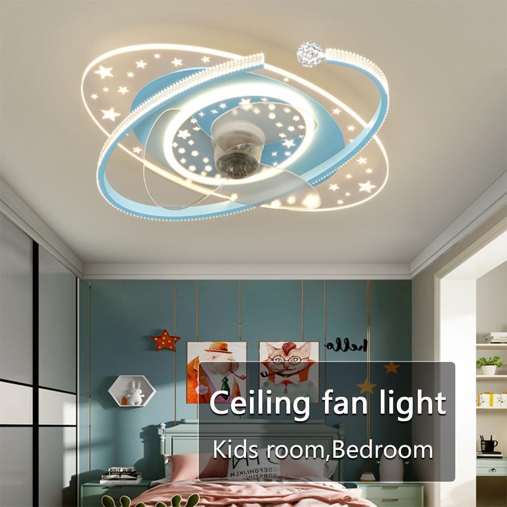 Indoor Blue Ceiling Fans with Lights Remote Dimmable 48W LED Ceiling Lights with Fan 6 Speeds Low Profile Ceiling Fan with Light for Boys Room Bedroom Kids Room
