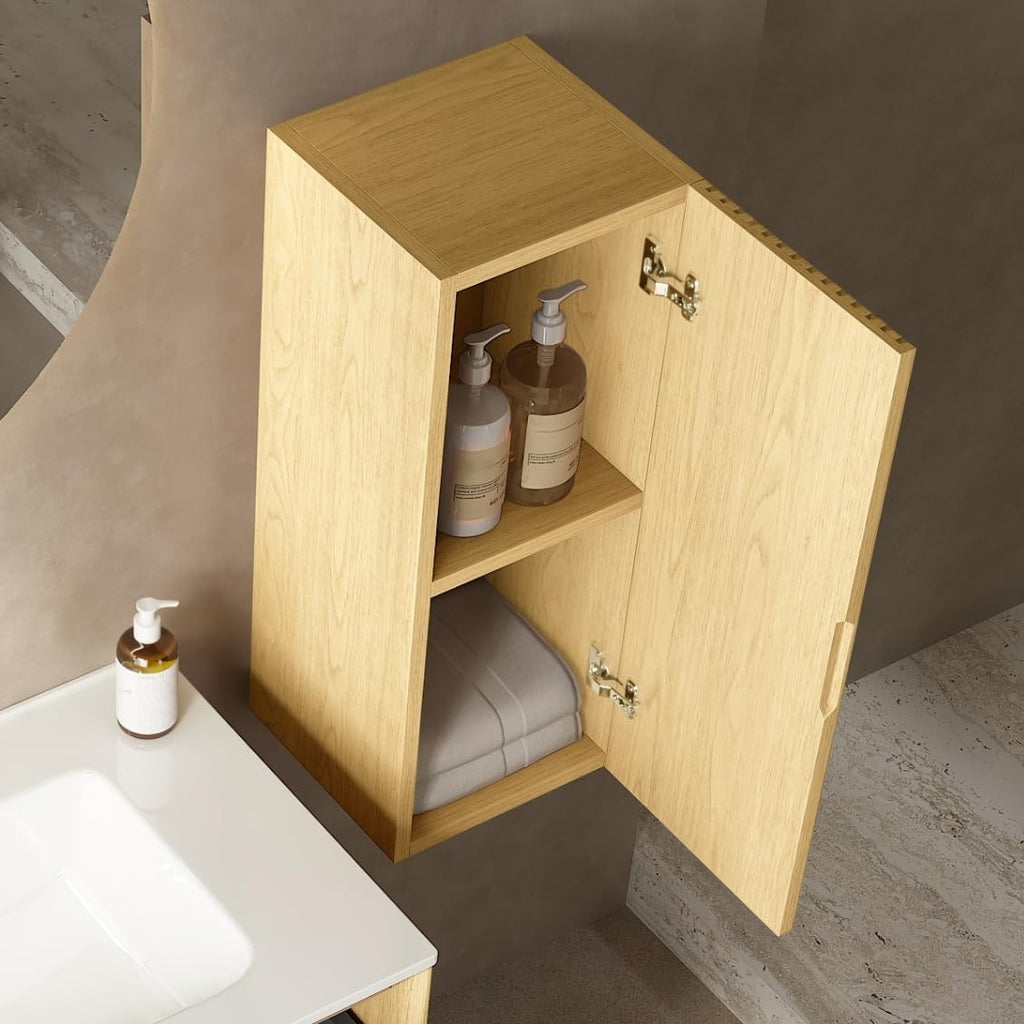 Eleshine Wall Mounted Bathroom Storage Cabinet with a Door and Adjustable Shelf, 12 inch Wood Fluted Textures Small Narrow Cabinet, Light Oak
