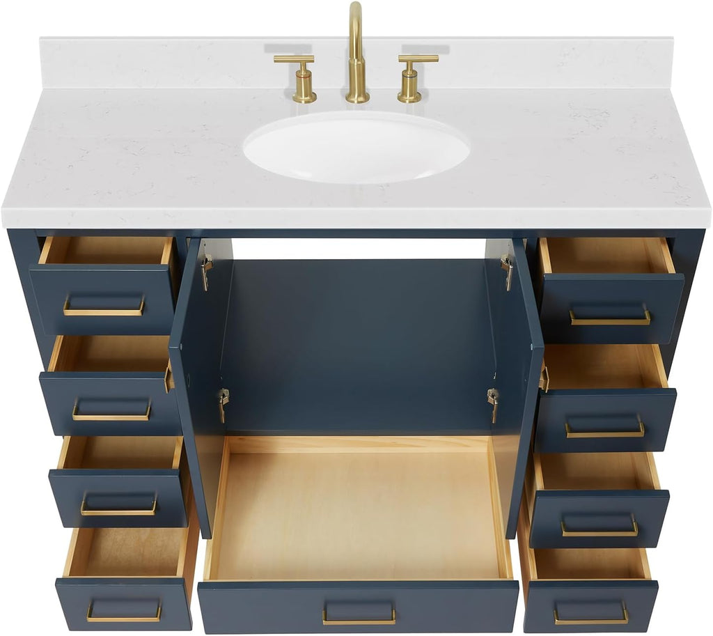 ARIEL Cambridge 48-inch Bathroom Vanity with Sink,Solid Wood, 1.5-inch Carrara White Quartz Countertop, Single Oval Porcelain Sink, 2 Soft Closing Doors, 9 Dovetail Drawers, Midnight Blue