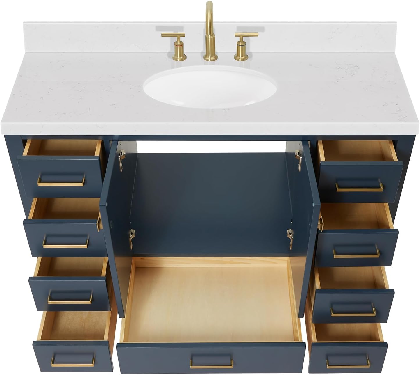 ARIEL Cambridge 48-inch Bathroom Vanity with Sink,Solid Wood, 1.5-inch Carrara White Quartz Countertop, Single Oval Porcelain Sink, 2 Soft Closing Doors, 9 Dovetail Drawers, Midnight Blue