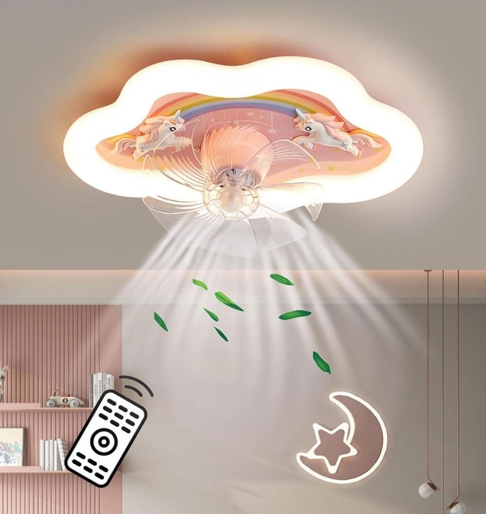 LED Ceiling Light With Fan, Cartoon Rainbow Cloud Fan Light, Remote Control Dimmable Ceiling Fan With Lighting, Modern 360° Rotating Girl's Room Pink Fan Light, 72w Mute Fan Light for Bedroom