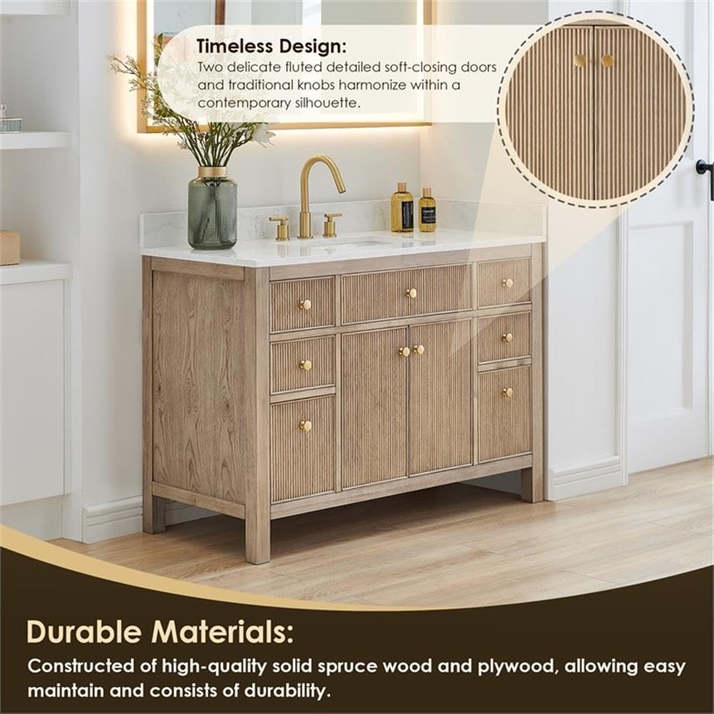 Pemberly Row 48' Bathroom Vanity, Natural Oak Finish, Engineered Stone Top, No Mirror, 7 Drawers, 2 Fluted Soft-Close Doors, Ceramic Undermount Sink, Contemporary Style Cabinet for Bathroom Storage