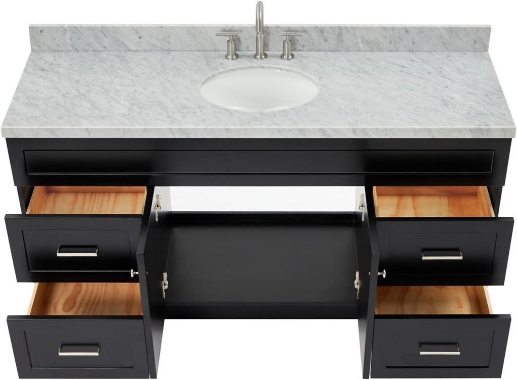 ARIEL Hamlet 66-inch Bathroom Vanity with Sink,Solid Wood, 1.5-inch Italian Carrara Marble Countertop & Backsplash, Single Oval Porcelain Sink, 2 Soft Closing Doors, 4 Dovetail Drawers, Black