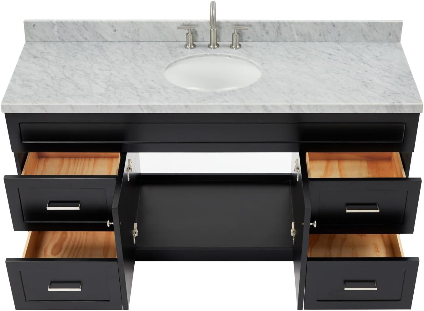 ARIEL Hamlet 66-inch Bathroom Vanity with Sink,Solid Wood, 1.5-inch Italian Carrara Marble Countertop & Backsplash, Single Oval Porcelain Sink, 2 Soft Closing Doors, 4 Dovetail Drawers, Black