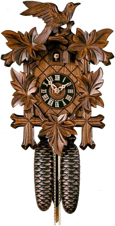 German Black Forest Cuckoo Clock with Five Leaf One Bird 13' Walnut Stain