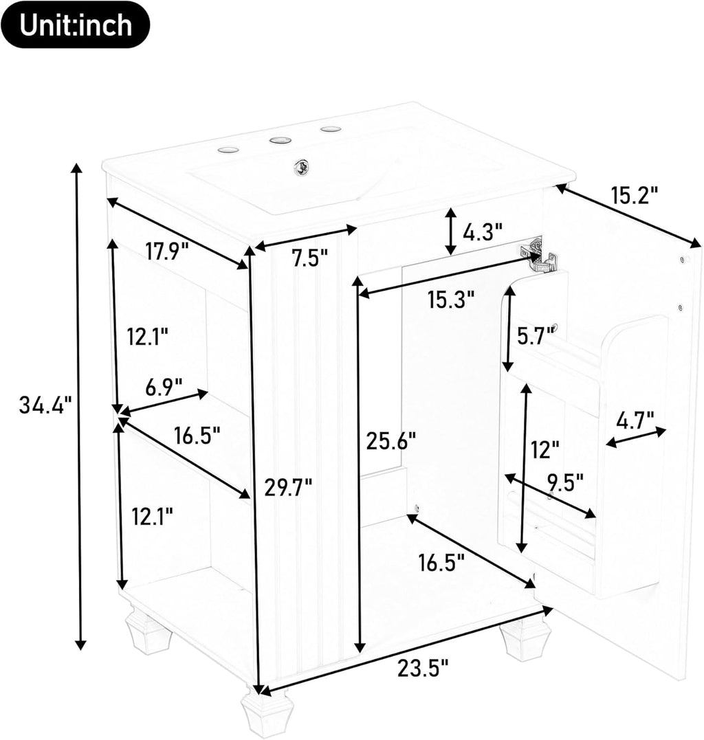 24-inch Bathroom Vanity with Sink Combo, Free-Standing Single Storage Cabinet with Door Shelf, Side Open Storage, and Cabinet, Vanity with Ceramic Basin for Bathroom (White)