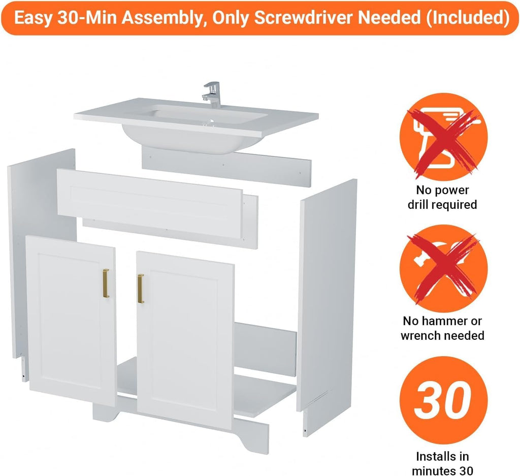 36 Inch Bathroom Vanity with Ceramic Sink - Modern Farmhouse Style Sink Cabinet, Easy Tool-Free Installation, for Bathroom Remodel and Upgrade (White)