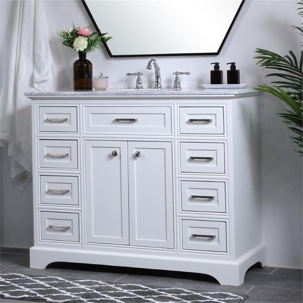 Pemberly Row Contemporary 42' Single Bathroom Vanity, Italian Carrara Marble Top, White Finish, Solid Wood and MDF Base, Porcelain Undermount Sink, Soft Close Drawers, Freestanding Vanity for