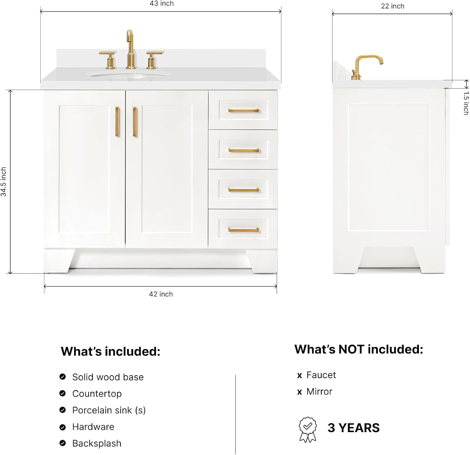 ARIEL Taylor 42-inch Bathroom Vanity with Sink,Solid Wood, 1.5-inch Pure White Quartz Countertop & Backsplash, Single Oval Porcelain Sink, 2 Soft Closing Doors, 5 Dovetail Drawers, White