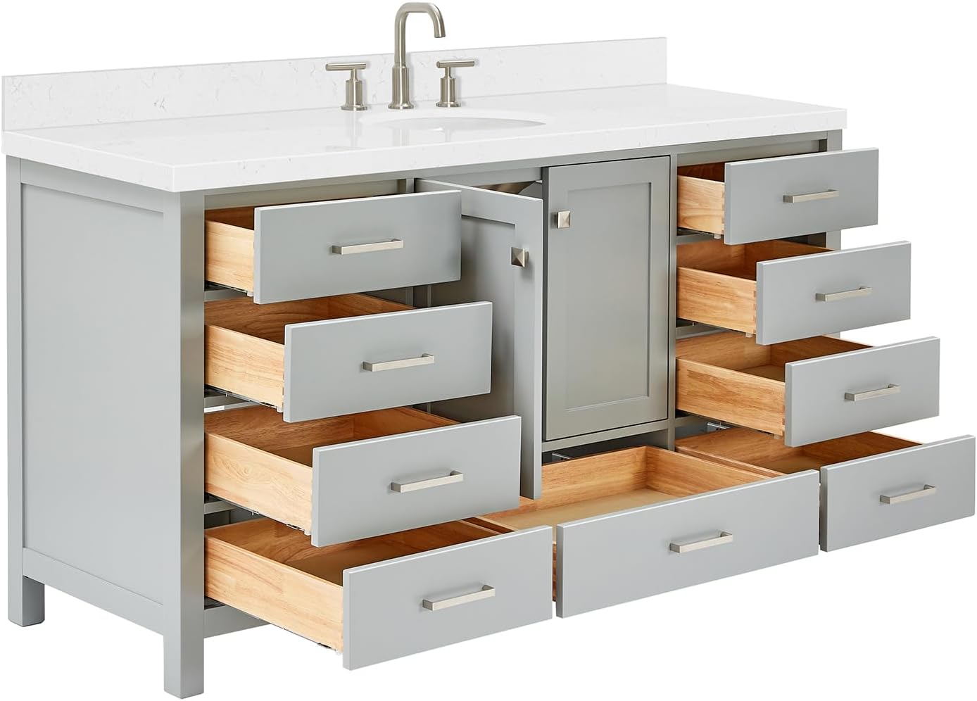 ARIEL Cambridge 66-inch Bathroom Vanity with Sink,Solid Wood, 1.5-inch Carrara White Quartz Countertop & Backsplash, Single Oval Porcelain Sink, 2 Soft Closing Doors, 9 Dovetail Drawers, Grey