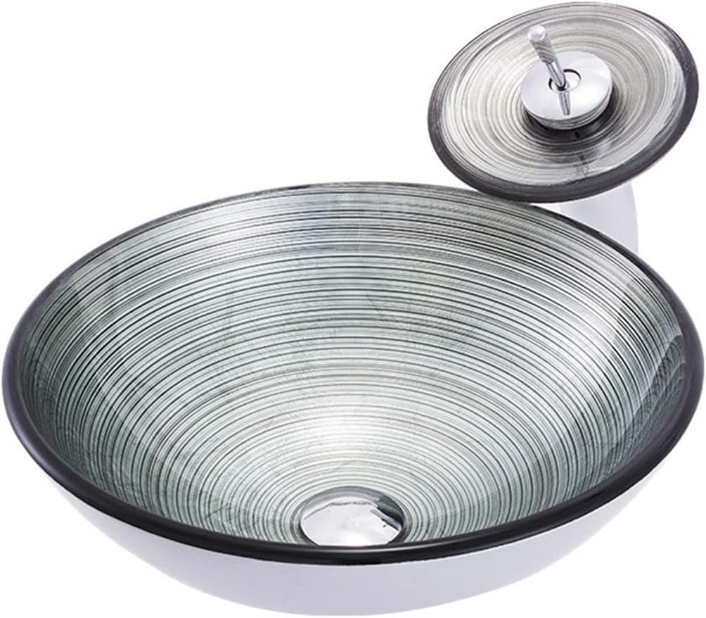 Modern Tempered Glass Vessel Bowl Sink Spiral Pattern Artistic Bathroom Vanity Sink Top Mount with Waterfall Faucet & Pop Up Drain (Color : Gray, Size : 42x42x14.5cm)