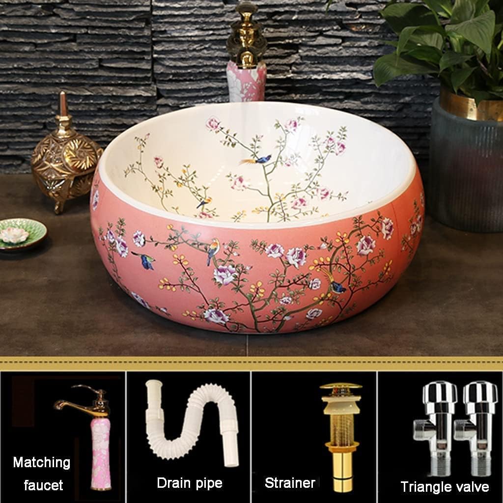 Bathroom Bar Vanity Vessel Sinks Above Counter Vanity Sink Tops Chinese Ceramic Lowes Bathroom Vanities Individual Flower and Bird Art Basin,42 * 15Cm,Pinkset,42 * 15cm