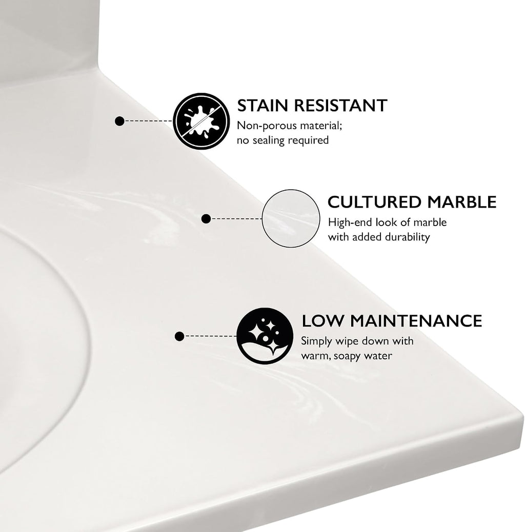 Pemberly Row Cultured Marble Vanity Top, 37' x 22', White on White Ivory Swirl Finish, Integrated Oval Sink with Overflow, Pre-Drilled 4-Inch Centerset, 4-Inch Backsplash, Durable Easy-Clean Bathroom