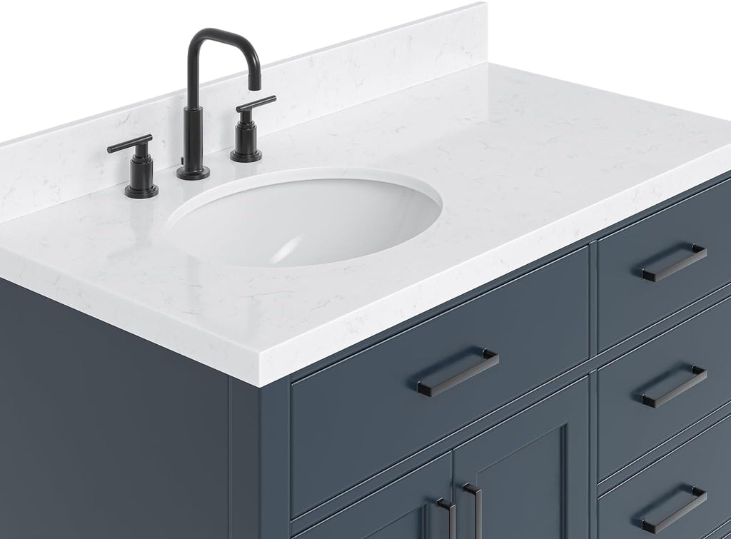 DKB Isabella 42-Inch Midnight Blue Bathroom Vanity with Sink, 1.5' Carrara Quartz Countertop, Solid Wood Frame, Left Oval Undermount Sink, 2 Soft Closing Doors, 5 Dovetail Drawers, Toe Kick