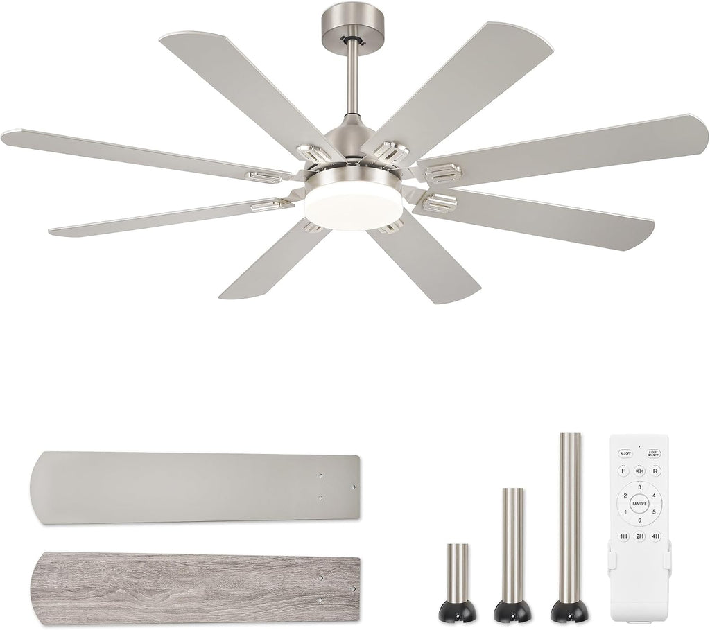 Fanbulous 62 Inch Ceiling Fans with Lights,Nickel Modern Ceiling Fan with Remote Large Farmhouse Indoor & Outdoor Ceiling Fan with 8 Dual Finish Blades, Quiet DC Motor, Bright LED Light