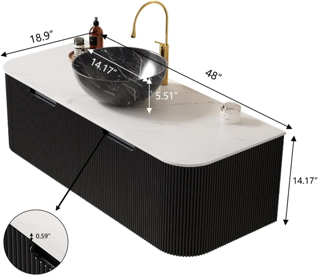 Yayzy 48' Floating Bathroom Vanity with Sink, Solid Wood Fluted Cabinet, White Marble-Patterned Ceramic Basin & Faux Marble Top, Soft-Close Drawer, Pre-Assembled, Gloss Black
