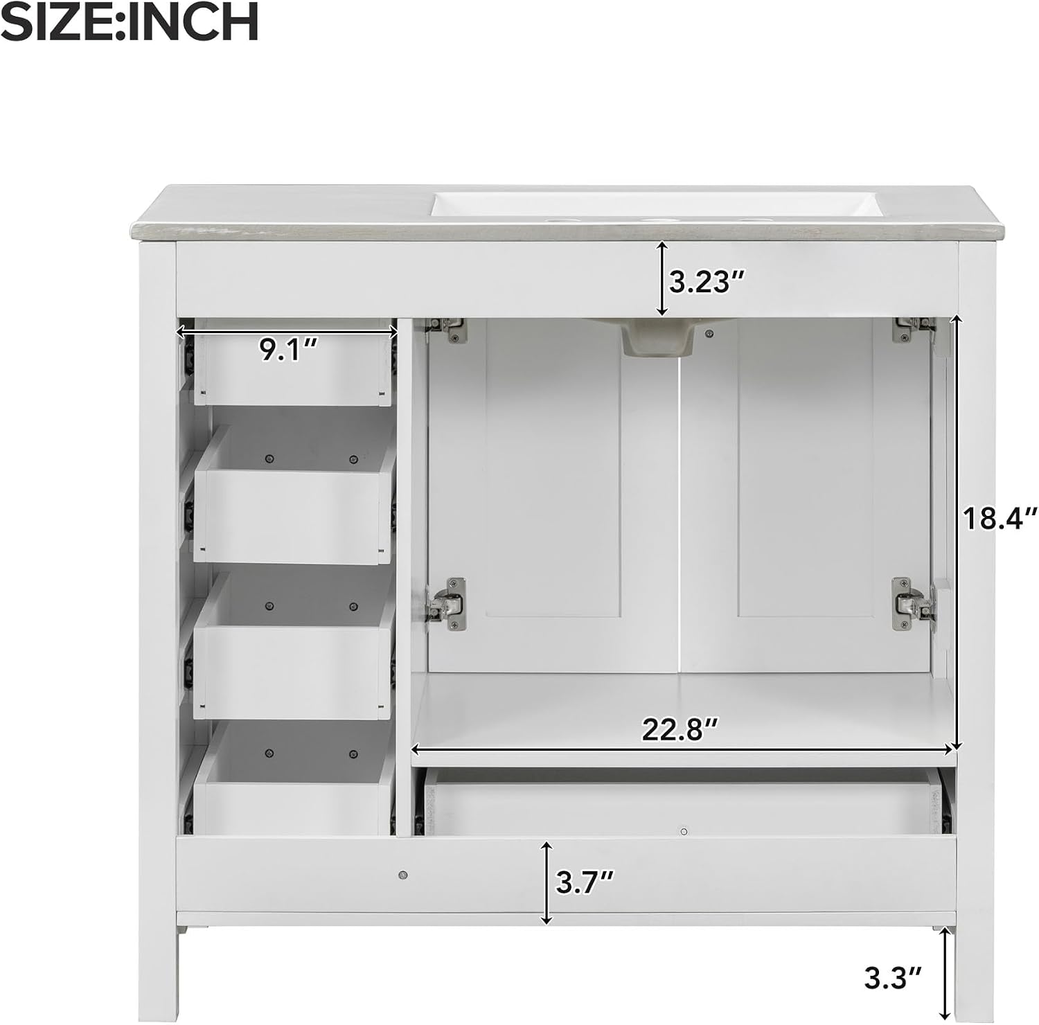 Harper & Bright Designs 36' Bathroom Vanity with Sink, Free Standing Single Basin Vanity Set with Two Doors and 5 Drawers, Solid Wood Bathroom Cabinet with Ceramic Basin for Bathroom, White