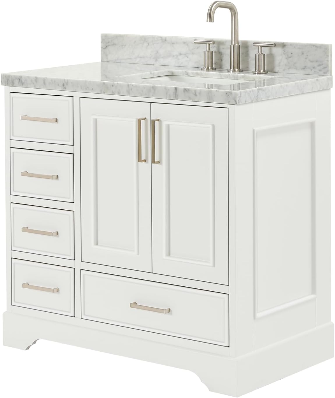 ARIEL Stafford 36-inch Bathroom Vanity with Sink,Solid Wood, 1.5-inch Italian Carrara Marble Countertop, Single Rectangular Porcelain Sink, 2 Soft Closing Doors, 5 Dovetail Drawers, White