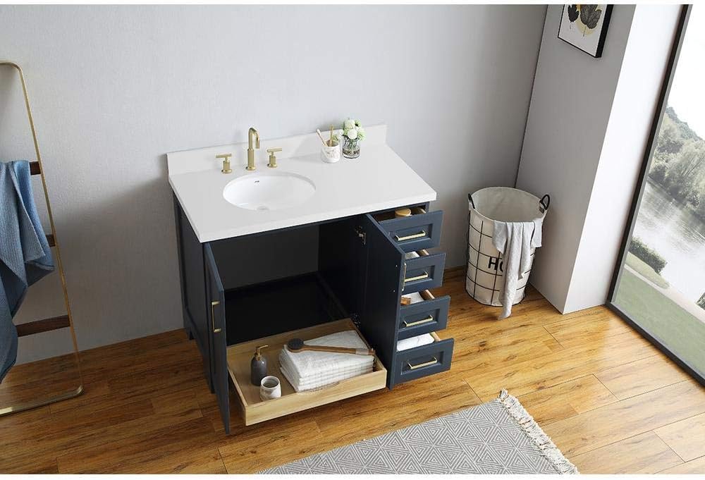 ARIEL Taylor 42-inch Bathroom Vanity with Sink,Solid Wood, 1.5-inch Pure White Quartz Countertop & Backsplash, Single Oval Porcelain Sink, 2 Soft Closing Doors, 5 Dovetail Drawers, Midnight Blue