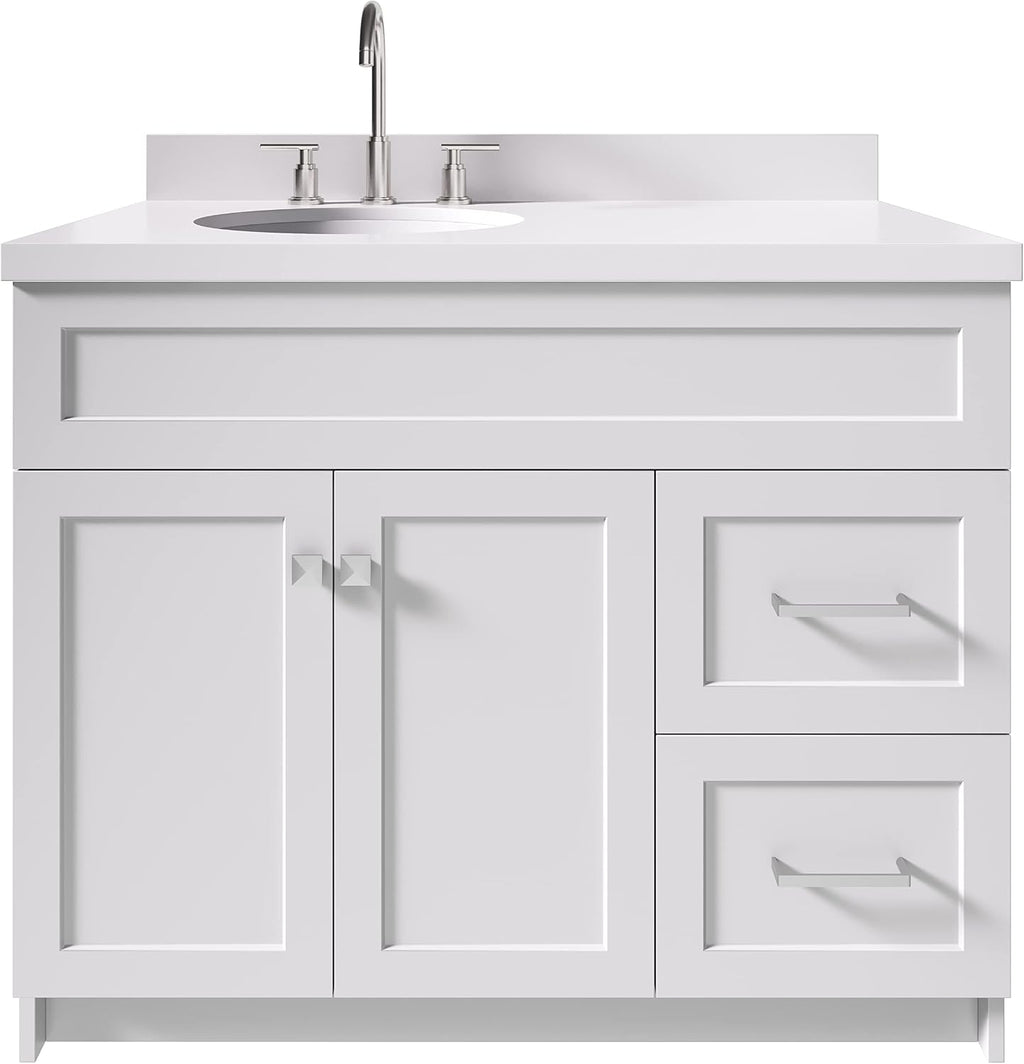 ARIEL Hamlet 43 in. Left Offset Oval Sink Vanity with 1.5' Inch White Quartz Countertop in White