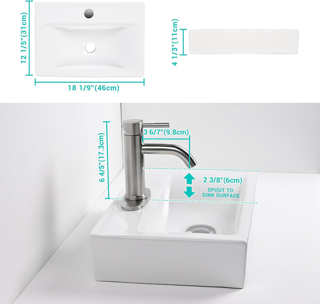 Aquaterior Porcelain Bathroom Vessel Sink 18'x12' with Brushed Nickel Single Handle Bathroom Faucet Pop-up Drain Combo Rectangle Above Counter Vanity Basin Minimalist Modern