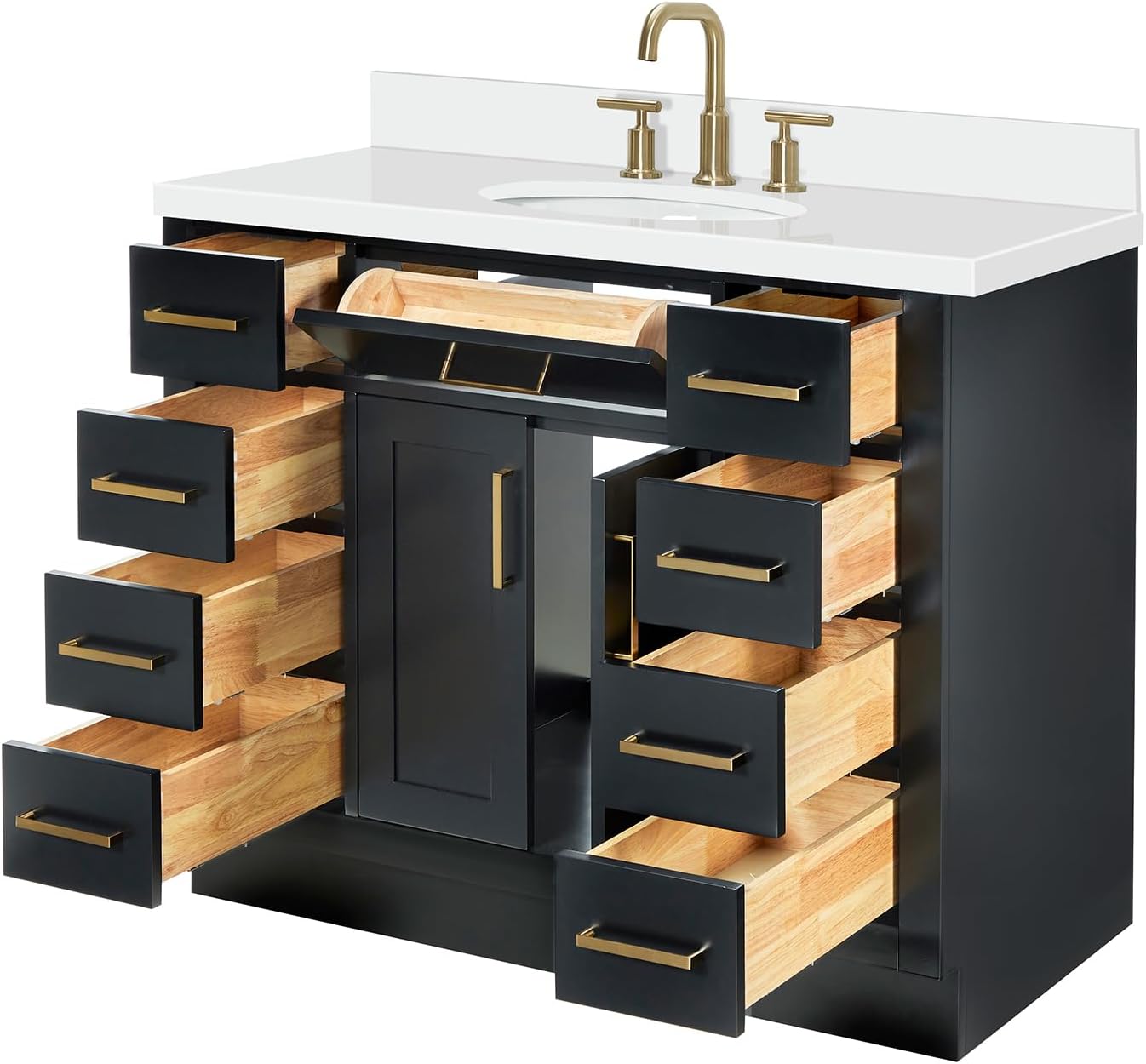 DKB Isabella 42-Inch Black Bathroom Vanity with Sink, White Quartz Countertop & 4' Backsplash, Oval Sink, Solid Wood Frame, Soft-Close Drawer, Premium Hardware