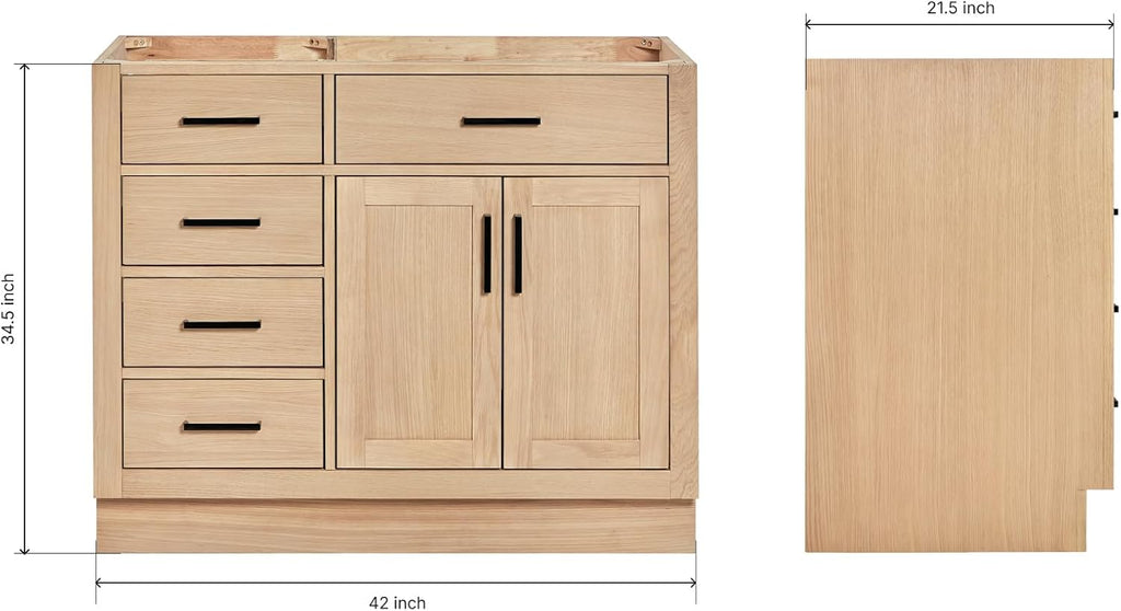 ARIEL Hepburn 42-inch Bathroom Vanity Base Cabinet,Solid Wood, 2 Soft Closing Doors, 5 Dovetail Drawers, White Oak