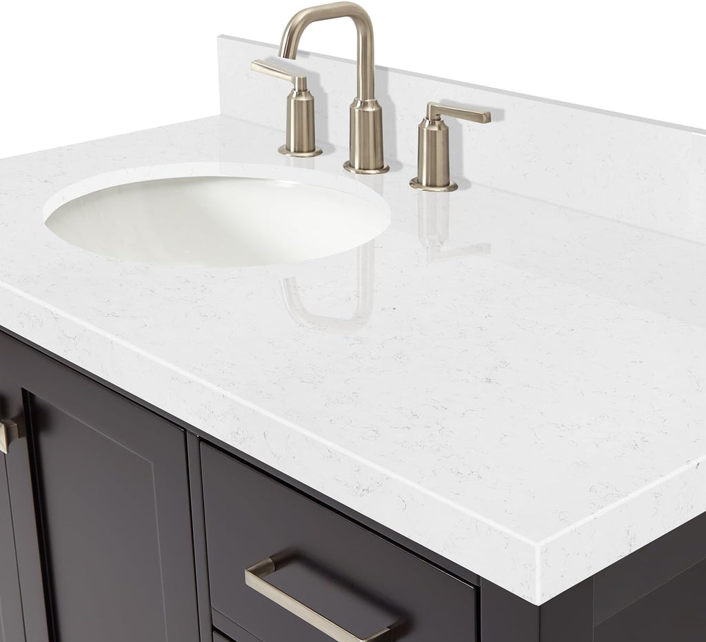 DKB Beckford 42-Inch Espresso Bathroom Vanity, Single Left Oval Undermount Sink, 1.5-Inch Carrara White Quartz Countertop & Backsplash, 2 Soft Closing Doors, 5 Dovetail Drawers, Solid Wood Frame