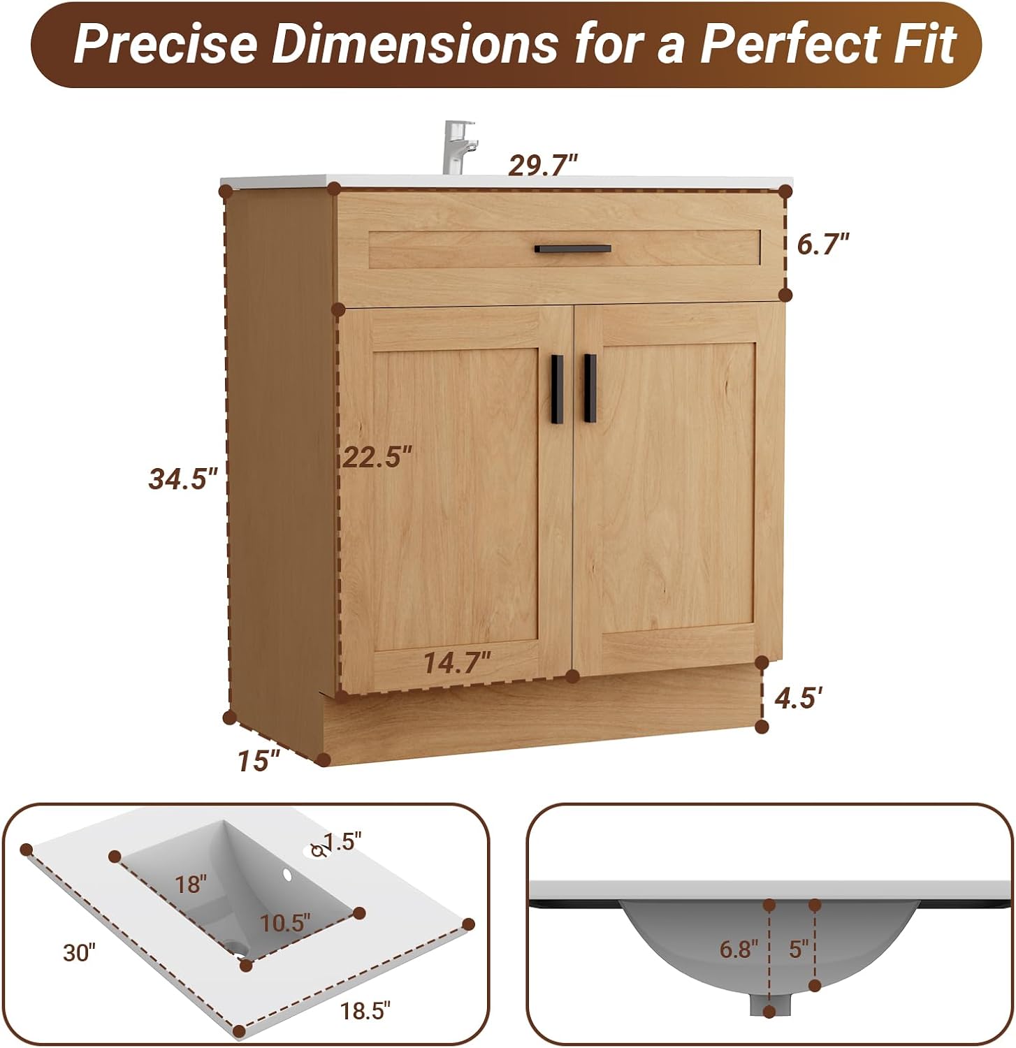 30 Inch Bathroom Vanity with Sink, Modern Storage Cabinet, Contains White Sink and Soft-Closing Door, Spacious Bathroom Storage Space (Nature with Sink, 30 Inch)