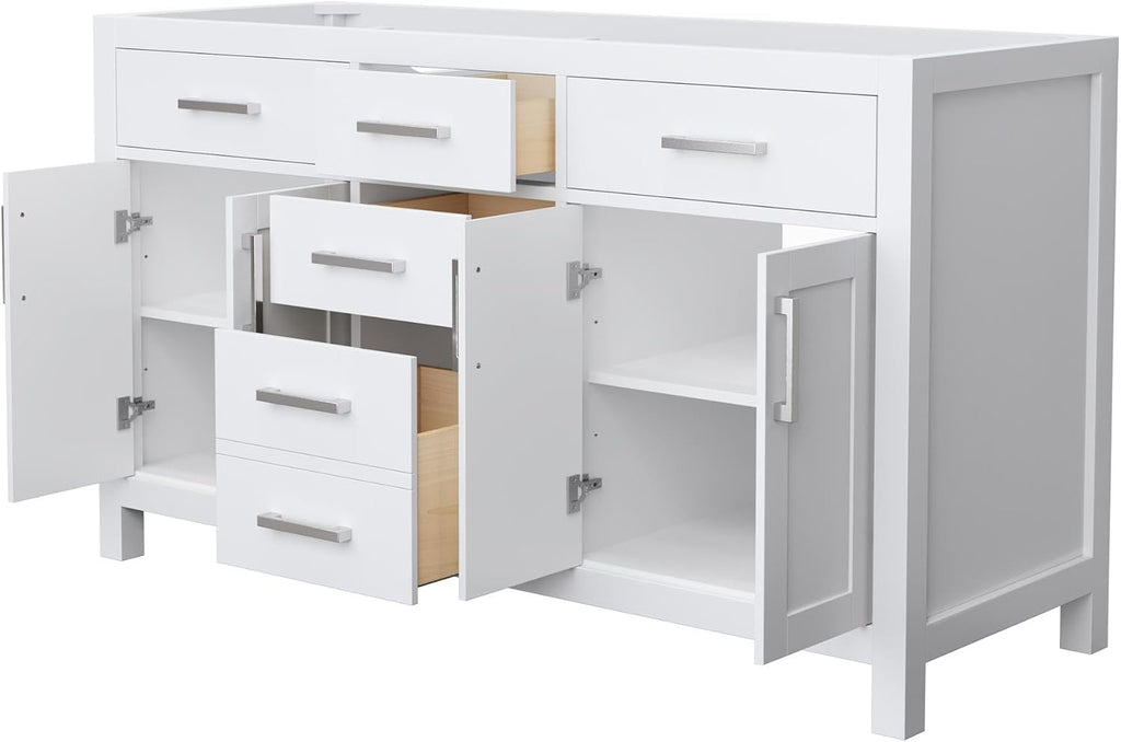 Wyndham Collection Beckett 60 Inch Double Bathroom Vanity in White, No Countertop, No Sinks, Brushed Nickel Trim