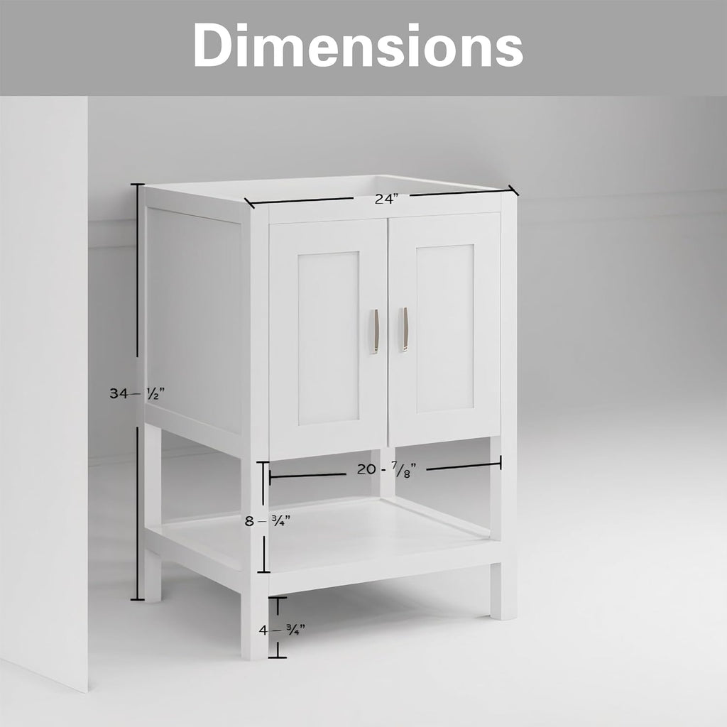 24' Bathroom Vanity Base – Freestanding Solid Wood Cabinet with Open Shelf, Soft-Close Doors, Sink Base Cabinet Only (White, No Top)