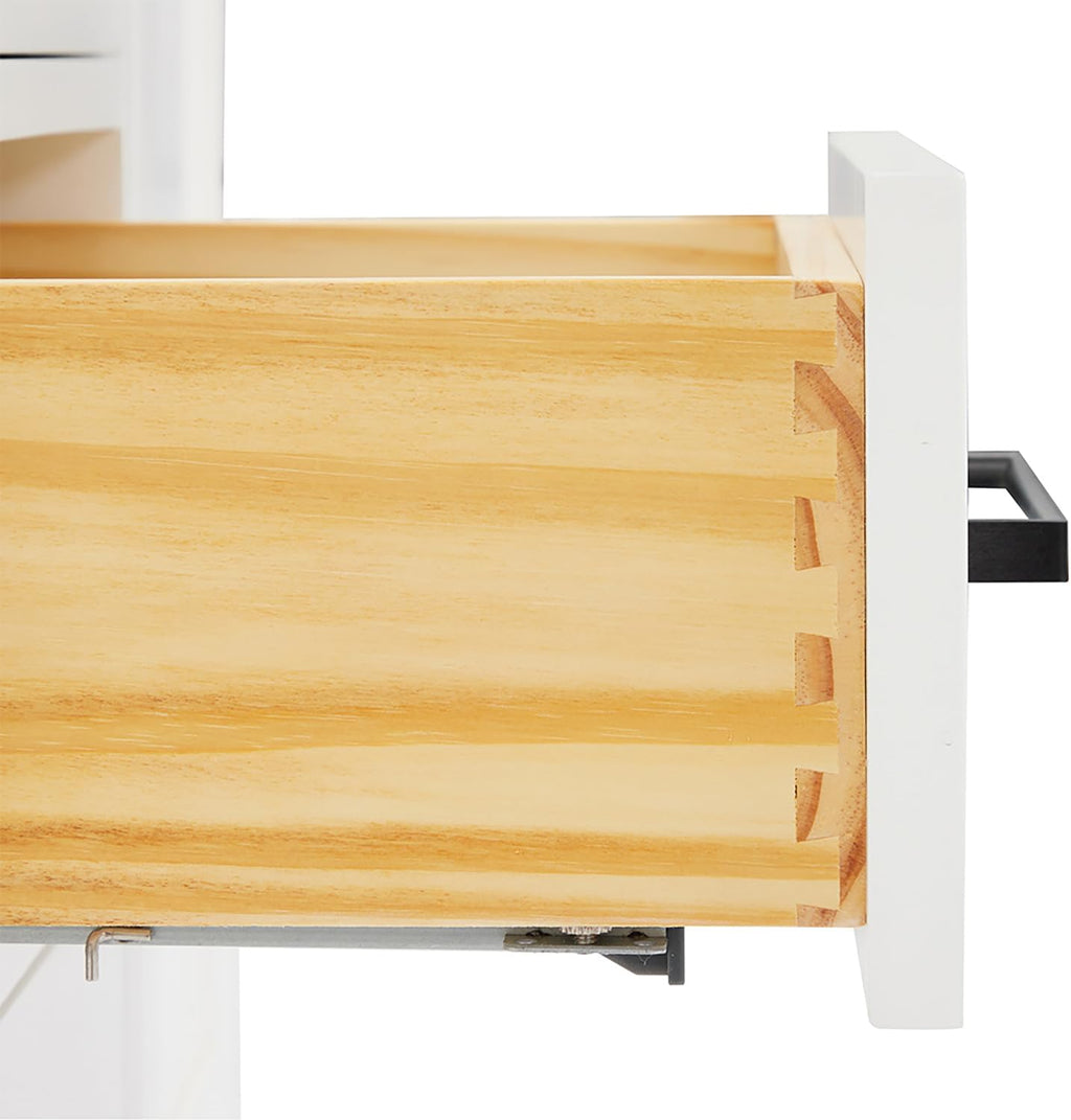 DKB Isabella 42-Inch White Bathroom Vanity with Sink, 1.5-Inch Edge Carrara Quartz Countertop, Solid Wood Frame, Oval Sink, 2 Soft Closing Doors, 9 Dovetail Drawers, Toe Kick