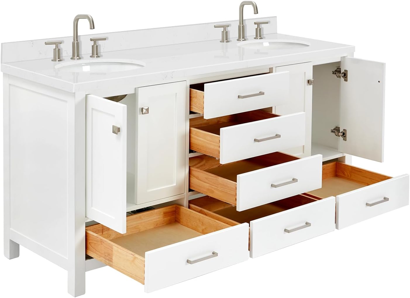ARIEL Cambridge 66-inch Bathroom Vanity with Sink,Solid Wood, 1.5-inch Carrara White Quartz Countertop & Backsplash, Double Oval Porcelain Sink, 4 Soft Closing Doors, 6 Dovetail Drawers, White