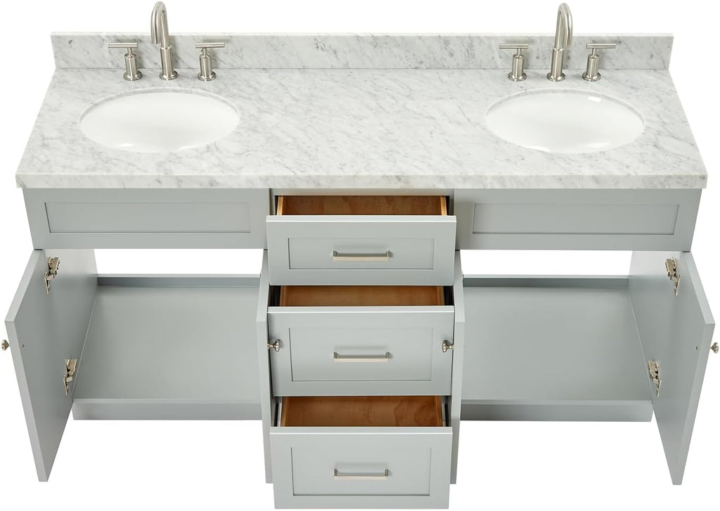 DKB Bradford 66' Grey Double Bathroom Vanity, 1.5' Edge Italian Carrara Marble Countertop, Double Oval Undermount Sinks, 2 Soft Closing Doors, 3 Dovetail Drawers, Brushed Nickel