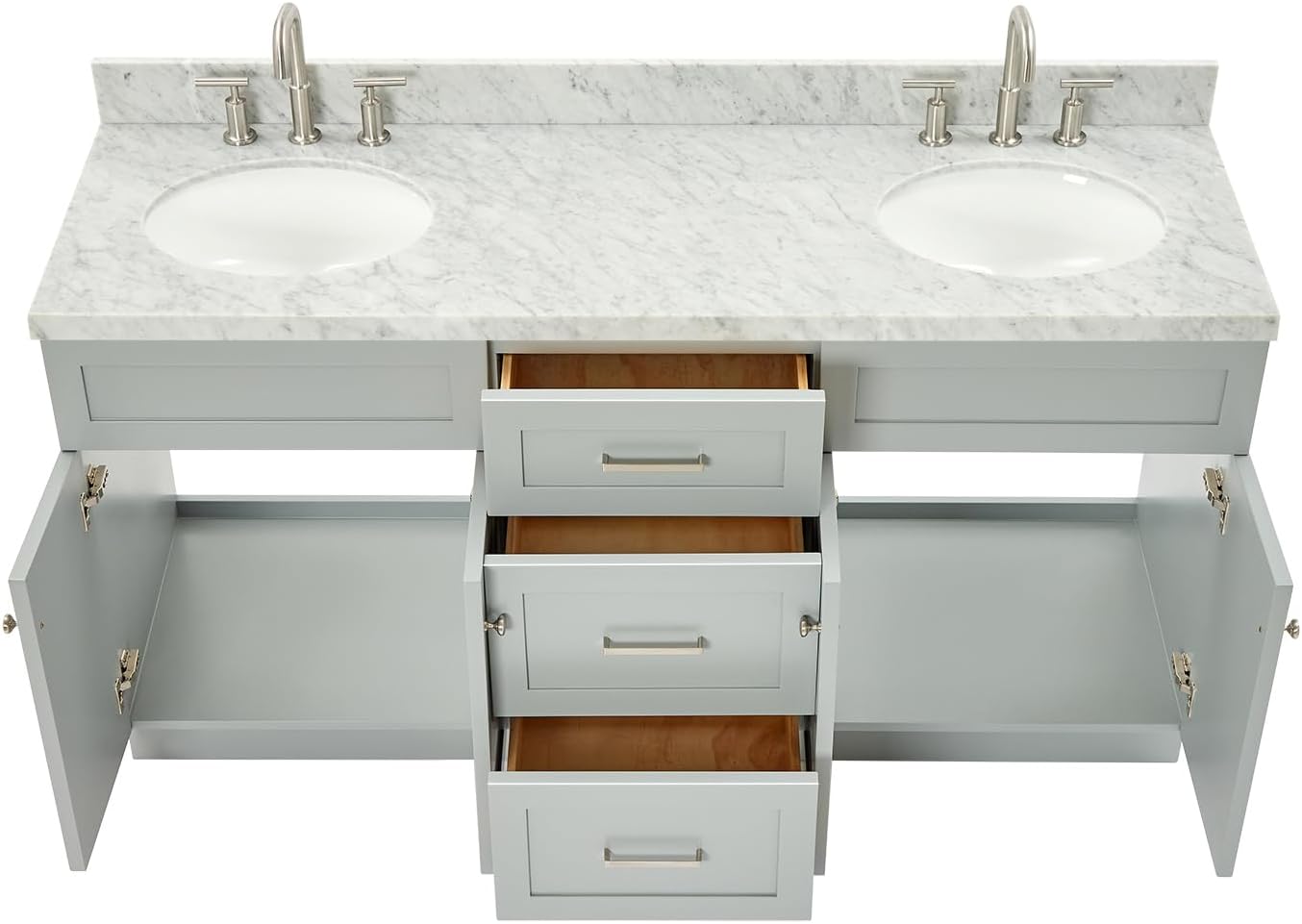 DKB Bradford 66' Grey Double Bathroom Vanity, 1.5' Edge Italian Carrara Marble Countertop, Double Oval Undermount Sinks, 2 Soft Closing Doors, 3 Dovetail Drawers, Brushed Nickel