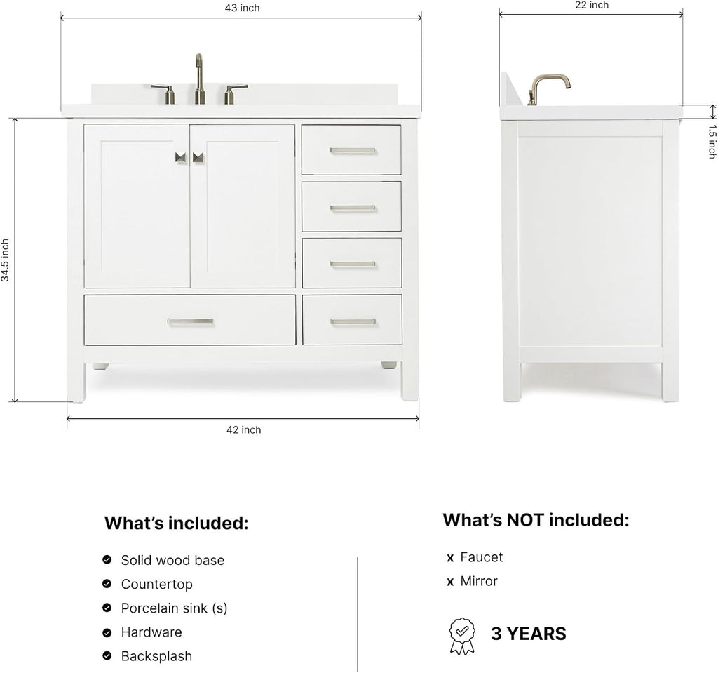 DKB Beckford 42-Inch White Bathroom Vanity with 1.5-Inch Edge Pure White Quartz Countertop & Backsplash, Left Offset Rectangular Sink, 2 Soft Close Doors, 5 Dovetail Drawers, Brushed Nickel