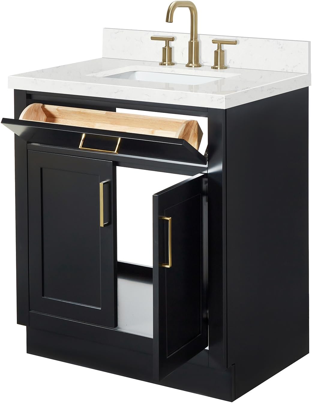 ARIEL Hepburn 30-inch Bathroom Vanity with Sink,Solid Wood, 1.5-inch Carrara White Quartz Countertop & Backsplash, Single Rectangular Porcelain Sink, 2 Soft Closing Doors, 1 Dovetail Drawers, Black
