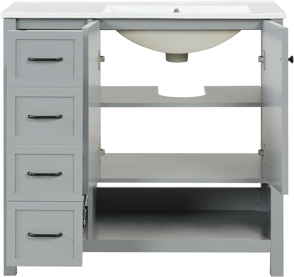 LUMISOL 36' Bathroom Vanity with Ceramic Sink, Modern Bathroom Vanities with 2 Drawers, Soft-Close Doors & Open Shelf, Solid Wood Bathroom Sink Cabinet with Offset Sink, Gray