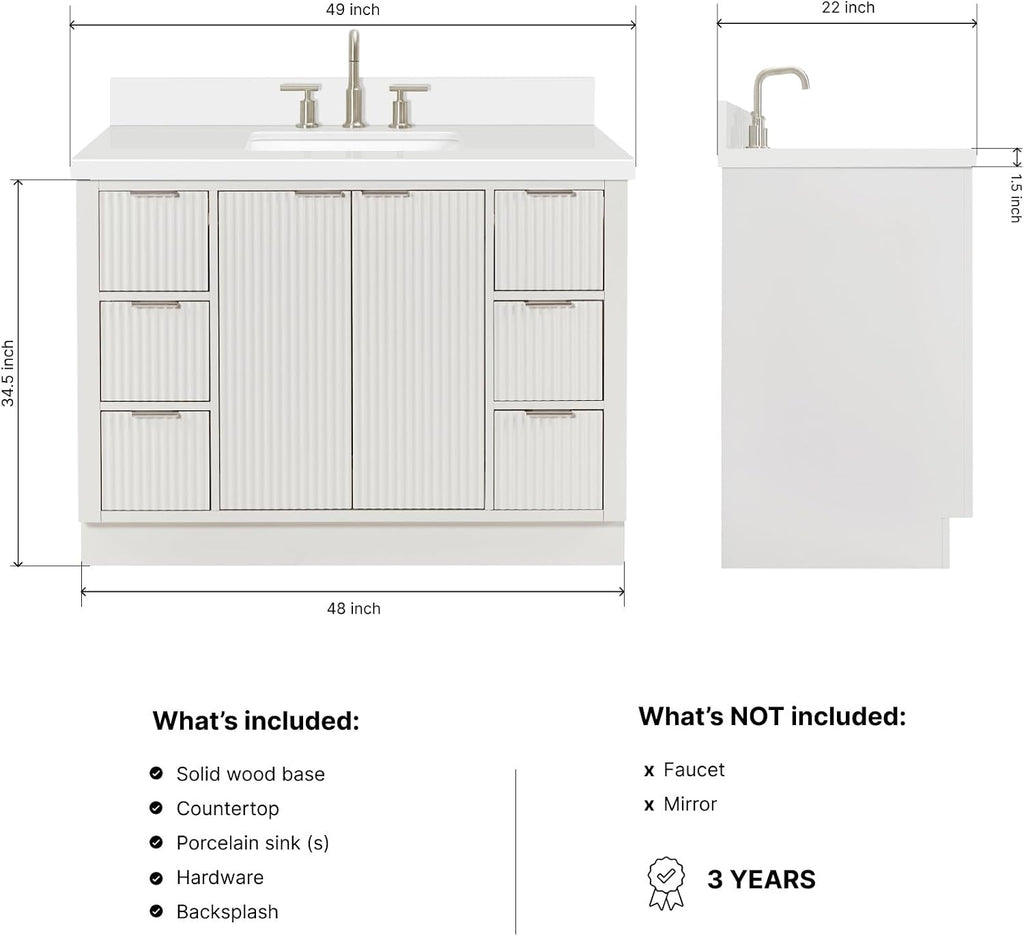 ARIEL Milan 48-inch Bathroom Vanity with Sink,Solid Wood, 1.5-inch Pure White Quartz Countertop & Backsplash, Single Rectangular Porcelain Sink, 2 Soft Closing Doors, 6 Dovetail Drawers, Warm White