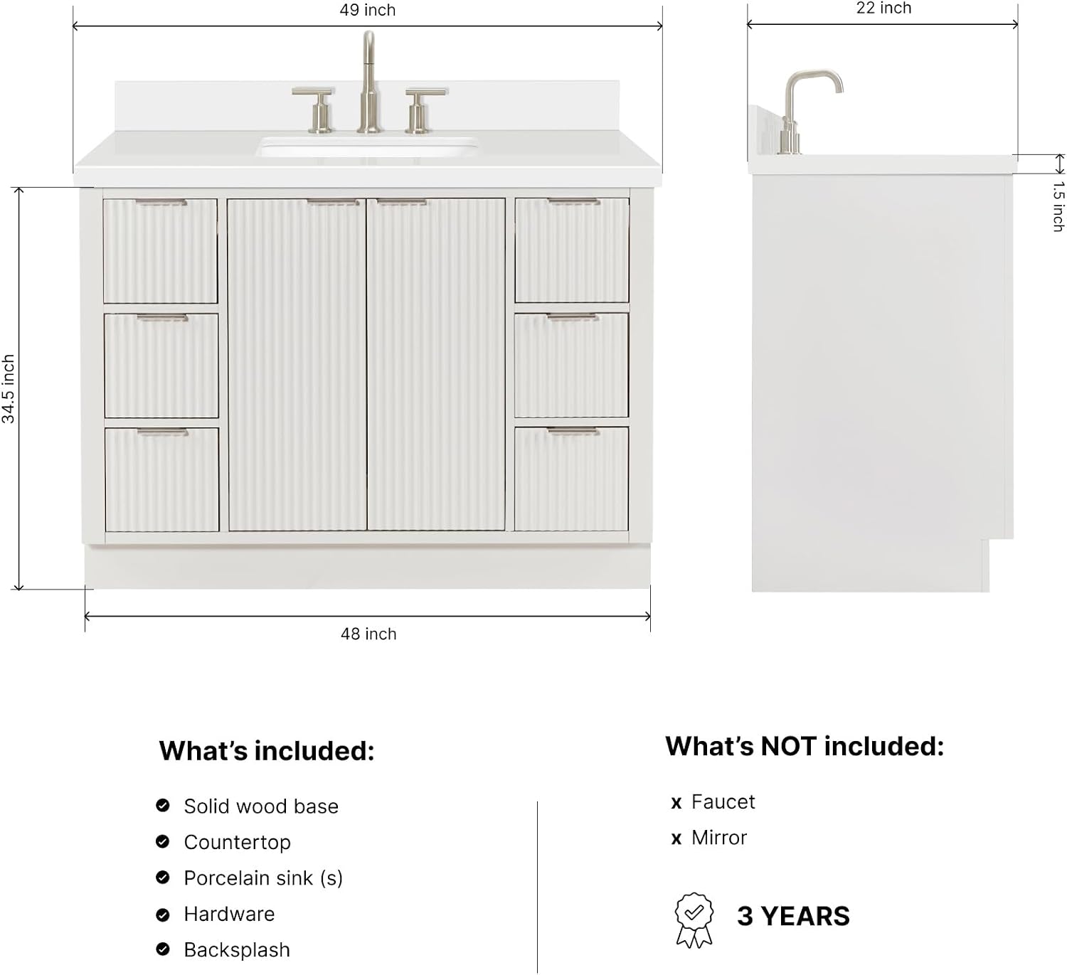 ARIEL Milan 48-inch Bathroom Vanity with Sink,Solid Wood, 1.5-inch Pure White Quartz Countertop & Backsplash, Single Rectangular Porcelain Sink, 2 Soft Closing Doors, 6 Dovetail Drawers, Warm White