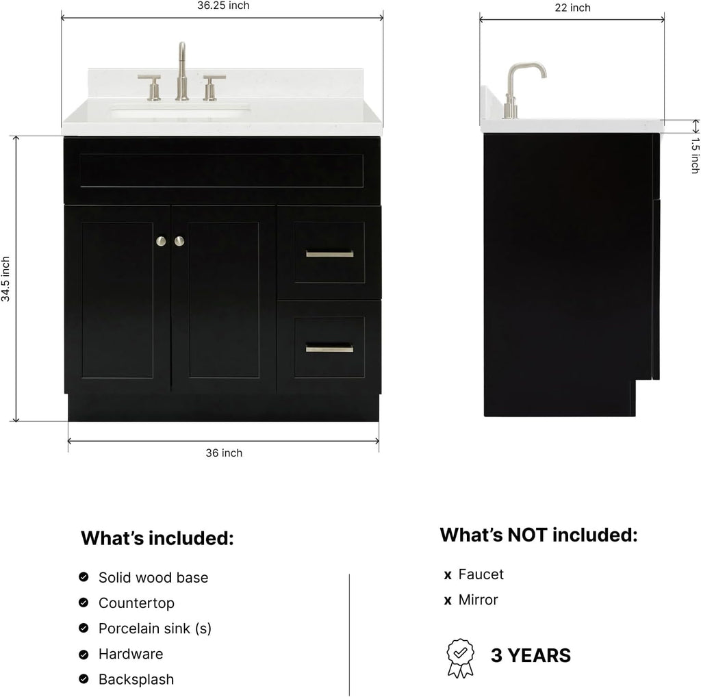 ARIEL Hamlet 36-inch Bathroom Vanity with Sink,Solid Wood, 1.5-inch Carrara White Quartz Countertop & Backsplash, Single Rectangular Porcelain Sink, 2 Soft Closing Doors, 2 Dovetail Drawers, Black