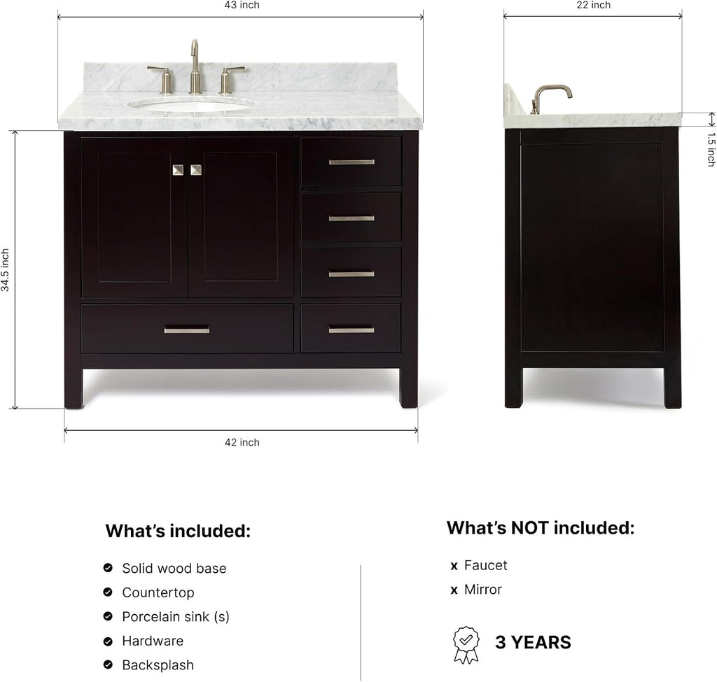 ARIEL Cambridge 42-inch Bathroom Vanity with Sink,Solid Wood, 1.5-inch Italian Carrara Marble Countertop & Backsplash, Single Oval Porcelain Sink, 2 Soft Closing Doors, 5 Dovetail Drawers, Espresso