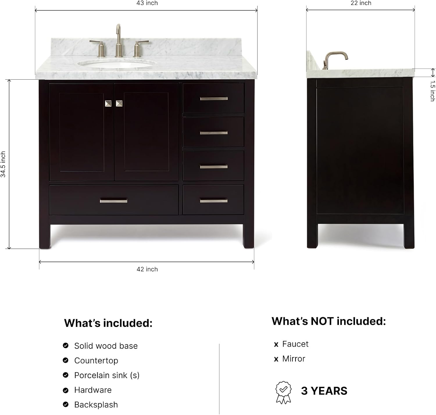ARIEL Cambridge 42-inch Bathroom Vanity with Sink,Solid Wood, 1.5-inch Italian Carrara Marble Countertop & Backsplash, Single Oval Porcelain Sink, 2 Soft Closing Doors, 5 Dovetail Drawers, Espresso
