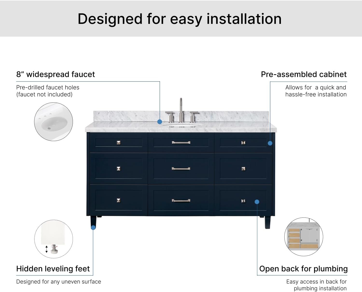 ARIEL Monroe 66-inch Bathroom Vanity with Sink,Solid Wood, 1.5-inch Italian Carrara Marble Countertop & Backsplash, Single Oval Porcelain Sink, 9 Dovetail Drawers, Midnight Blue