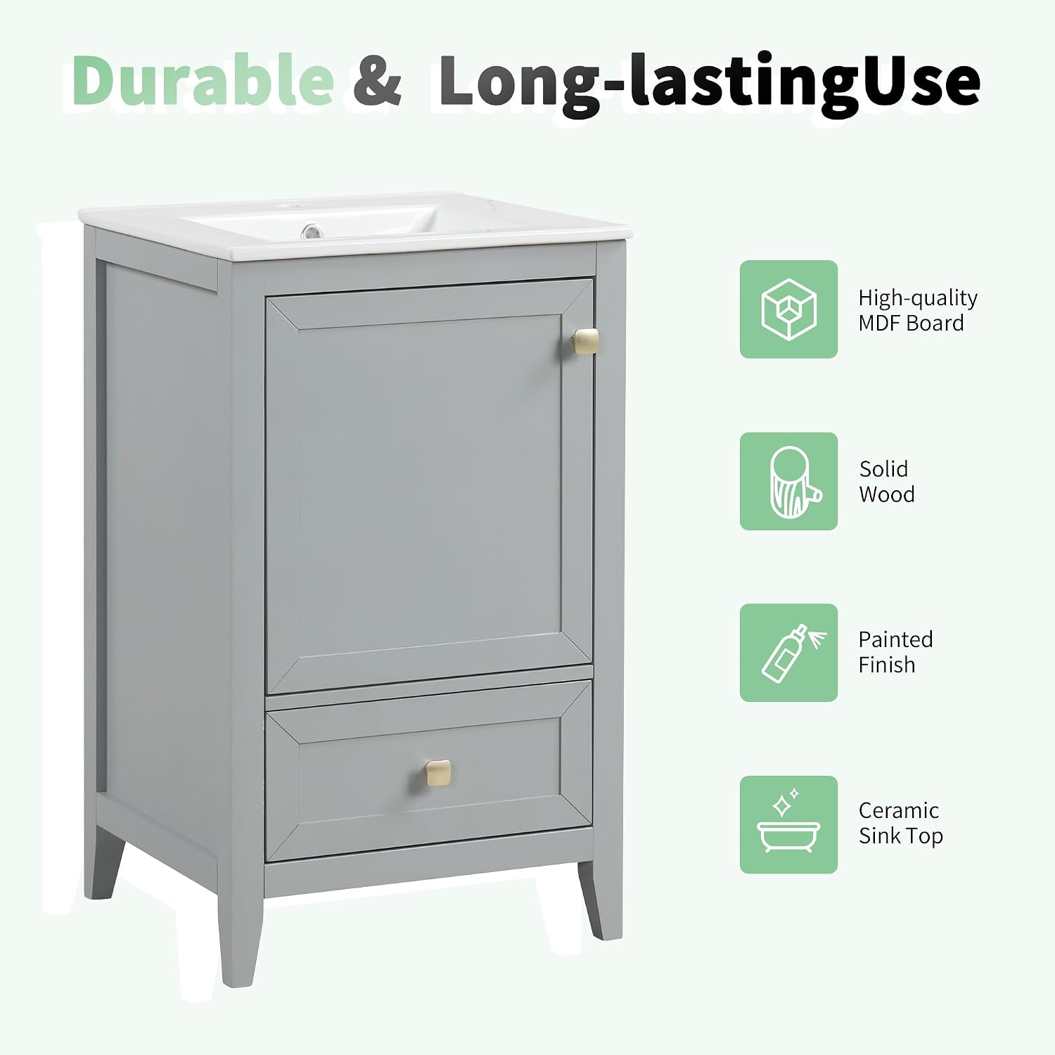 Harper & Bright Designs 20' Bathroom Vanity with Sink, Free Standing Single Vanity Set with One Drawer, and Door Storage Shelf, Solid Wood Storage Cabinet with Ceramic Basin for Bathroom, Grey
