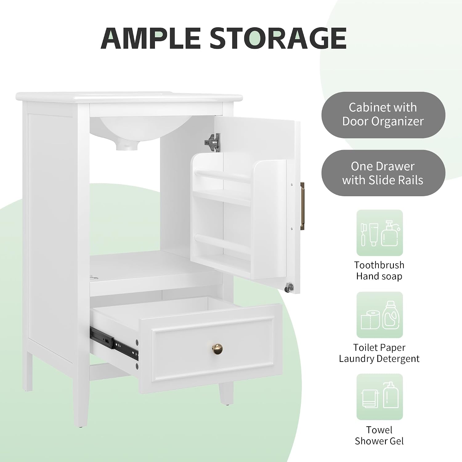 20-inch Bathroom Vanity with Sink Combo, Free-Standing Single Bathroom Storage Cabinet with Soft Closing Door, Storage Rack, and Drawer, Vanity with Ceramic Basin for Bathroom (White)