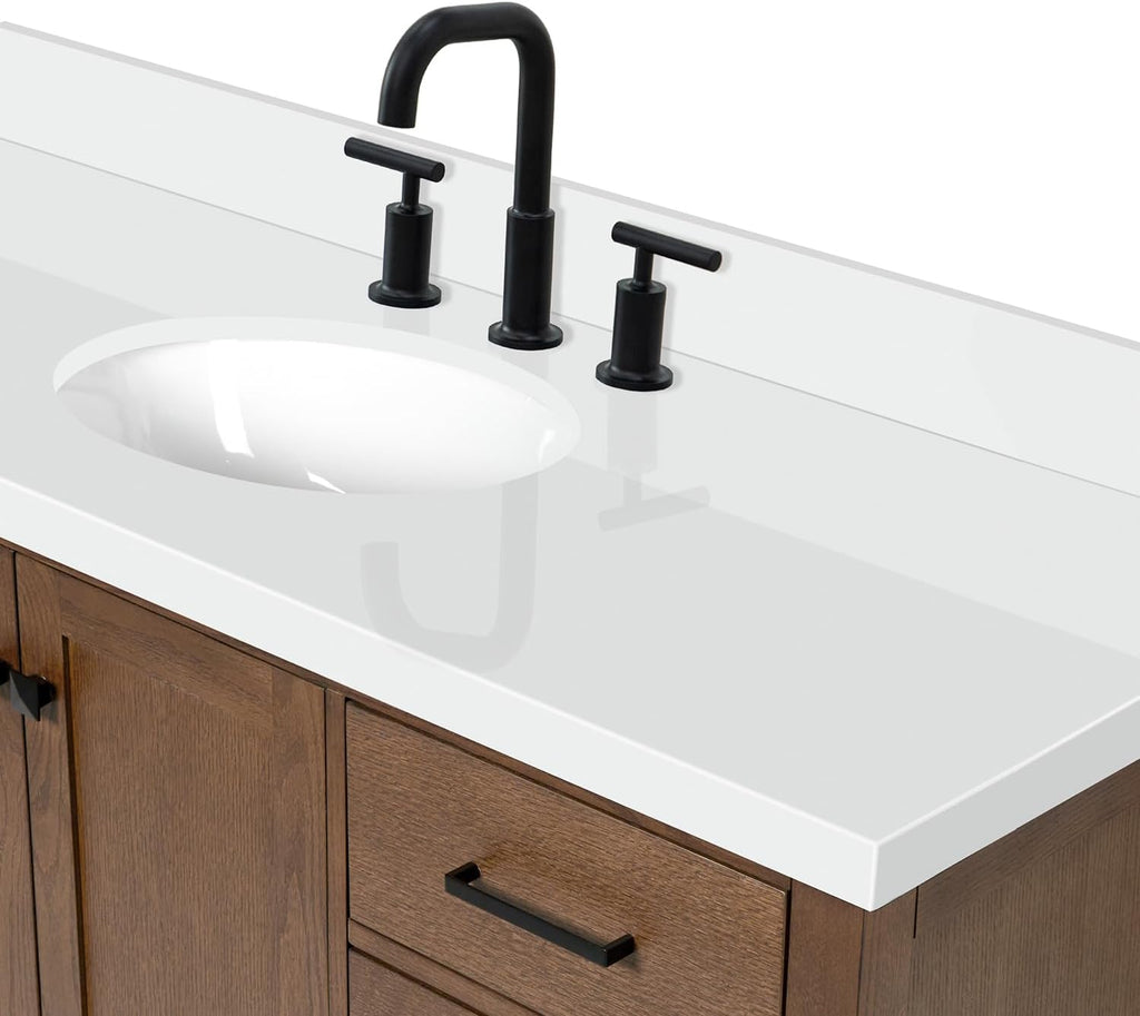 ARIEL Cambridge 66-inch Bathroom Vanity with Sink,Solid Wood, 1.5-inch Pure White Quartz Countertop, Single Rectangular Porcelain Sink, 2 Soft Closing Doors, 9 Dovetail Drawers, Brown Oak